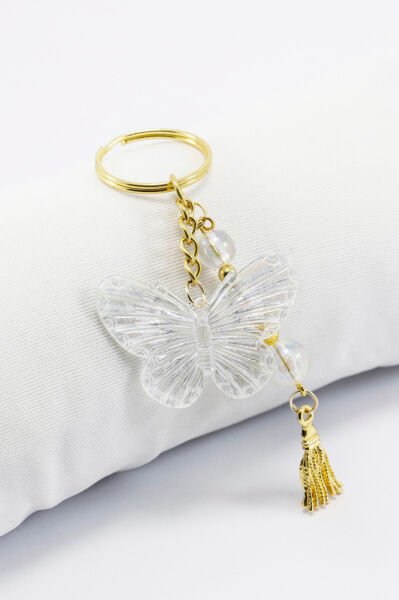 Şeffaf Kelebekli Metal Püsküllü Küçük Anahtarlık, Hediyelik Şık Çanta Süsü