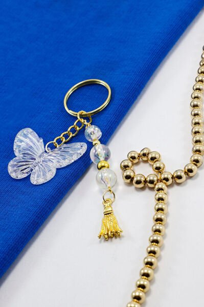 Şeffaf Kelebekli Metal Püsküllü Küçük Anahtarlık, Hediyelik Şık Çanta Süsü