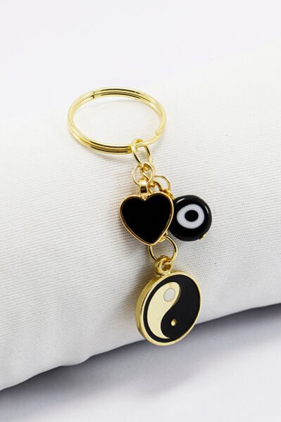 Siyah Cam Nazar Boncuklu Kalpli Yin Yang Küçük Anahtarlık, Hediyelik Çanta Süsü