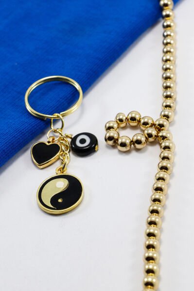 Siyah Cam Nazar Boncuklu Kalpli Yin Yang Küçük Anahtarlık, Hediyelik Çanta Süsü