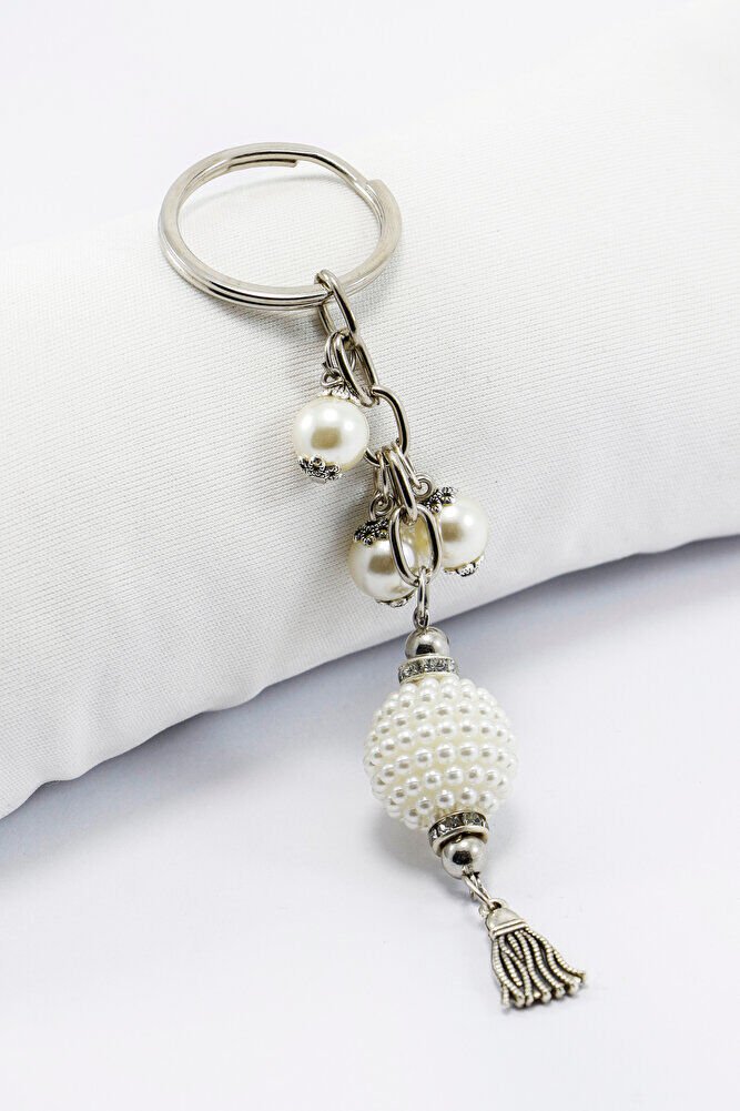 İncili Püsküllü Gümüş Renkli Metalik Küçük Anahtarlık, Hediyelik Çanta Süsü