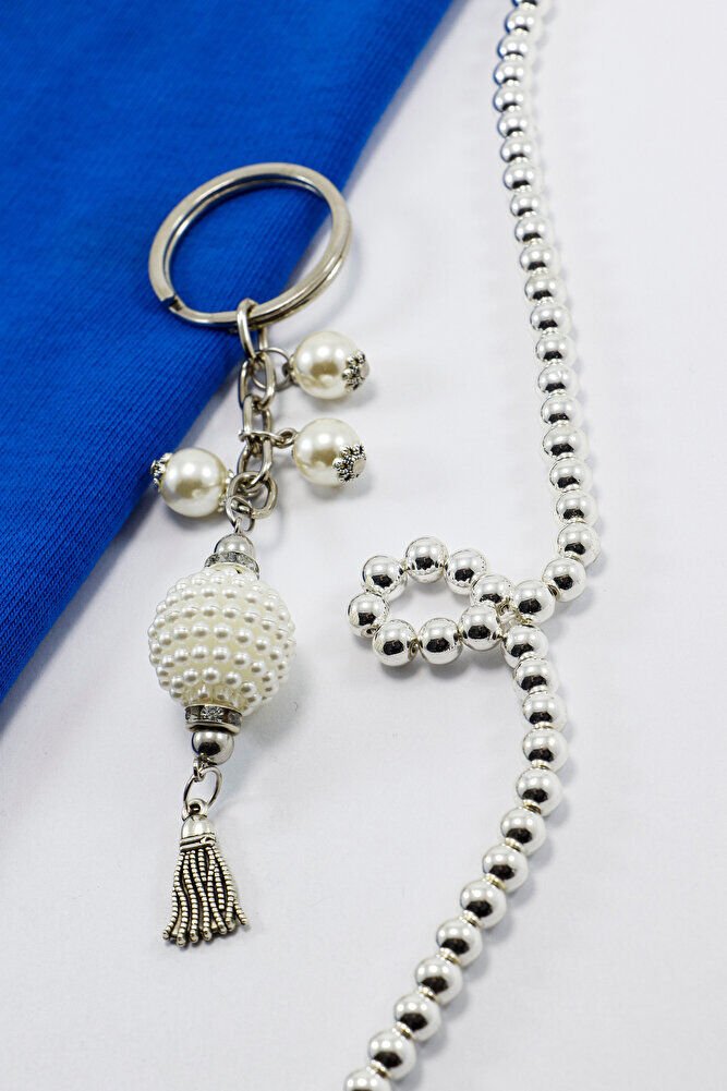 İncili Püsküllü Gümüş Renkli Metalik Küçük Anahtarlık, Hediyelik Çanta Süsü