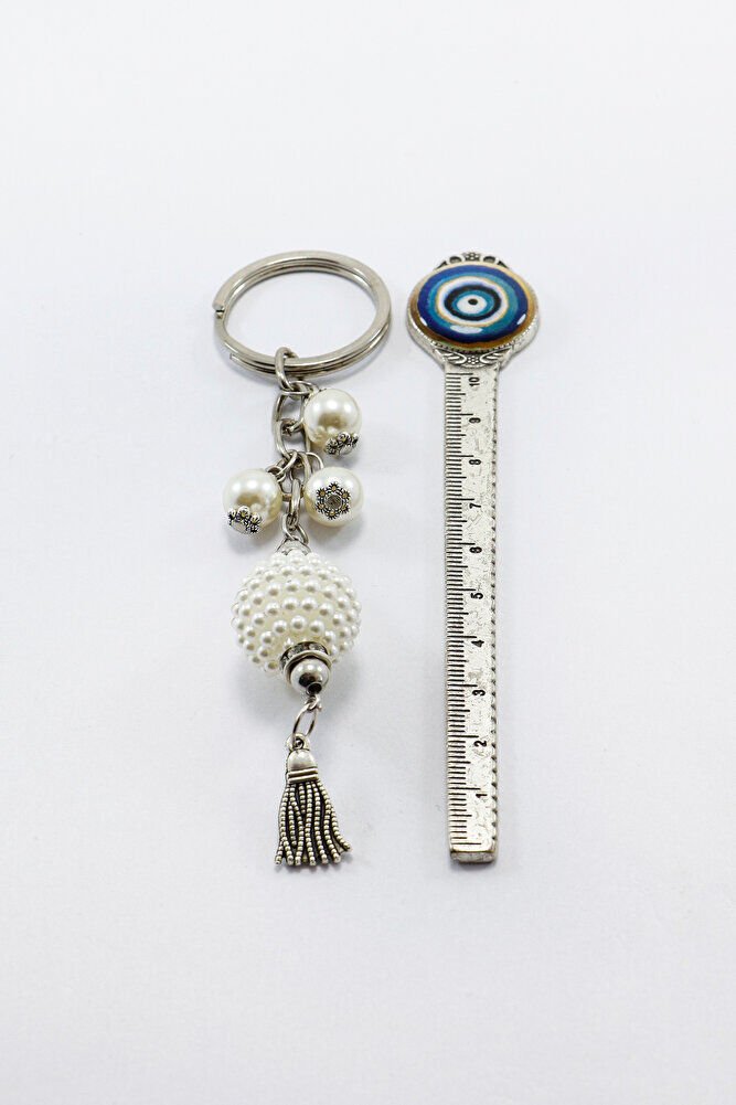 İncili Püsküllü Gümüş Renkli Metalik Küçük Anahtarlık, Hediyelik Çanta Süsü