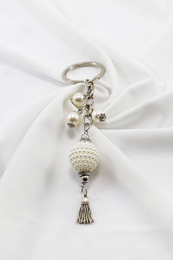 İncili Püsküllü Gümüş Renkli Metalik Küçük Anahtarlık, Hediyelik Çanta Süsü