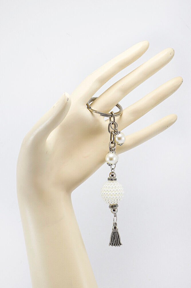 İncili Püsküllü Gümüş Renkli Metalik Küçük Anahtarlık, Hediyelik Çanta Süsü