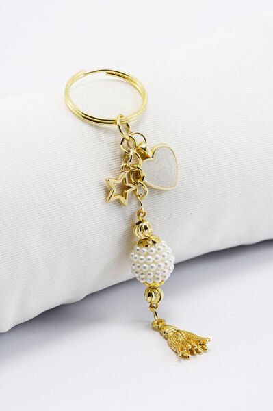 Kalpli Yıldızlı İncili Püsküllü Küçük Anahtarlık, Hediyelik Çanta Süsü