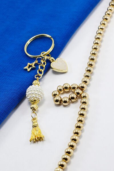 Kalpli Yıldızlı İncili Püsküllü Küçük Anahtarlık, Hediyelik Çanta Süsü