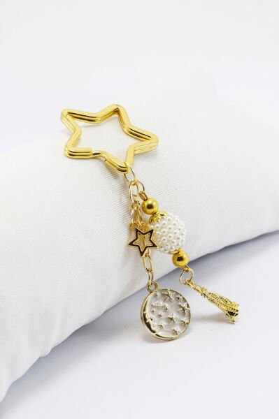 Yıldız Halkalı Beyaz İncili Püsküllü Küçük Anahtarlık, Hediyelik Çanta Süsü