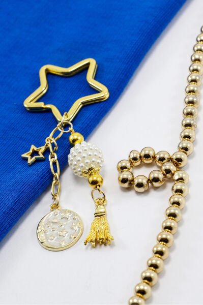 Yıldız Halkalı Beyaz İncili Püsküllü Küçük Anahtarlık, Hediyelik Çanta Süsü