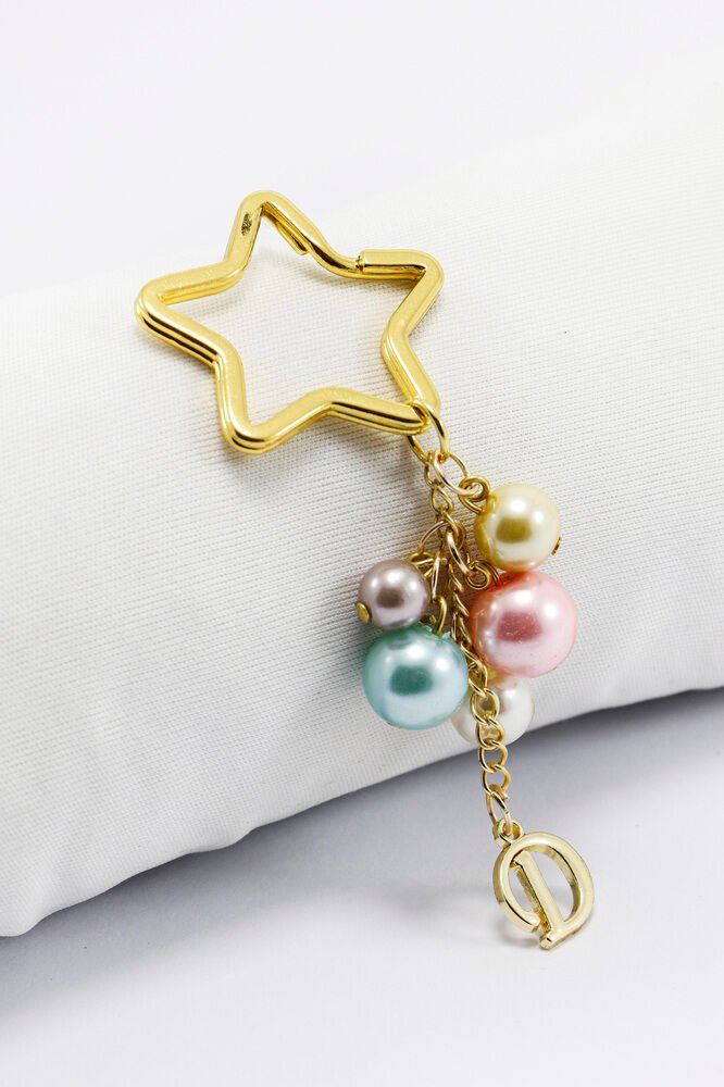 Renkli İncili D Harfi Yıldız Halkalı Anahtarlık, Küçük Hediyelik Çanta Süsü