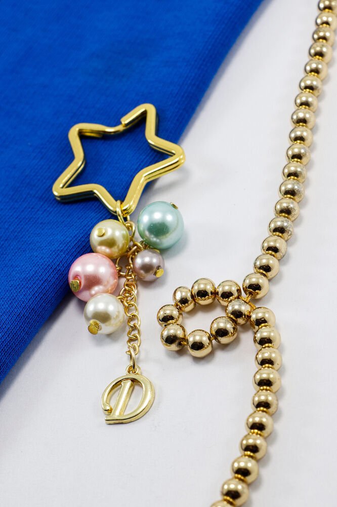 Renkli İncili D Harfi Yıldız Halkalı Anahtarlık, Küçük Hediyelik Çanta Süsü