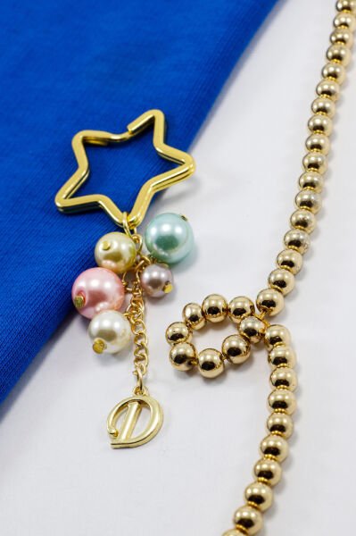 Renkli İncili D Harfi Yıldız Halkalı Anahtarlık, Küçük Hediyelik Çanta Süsü