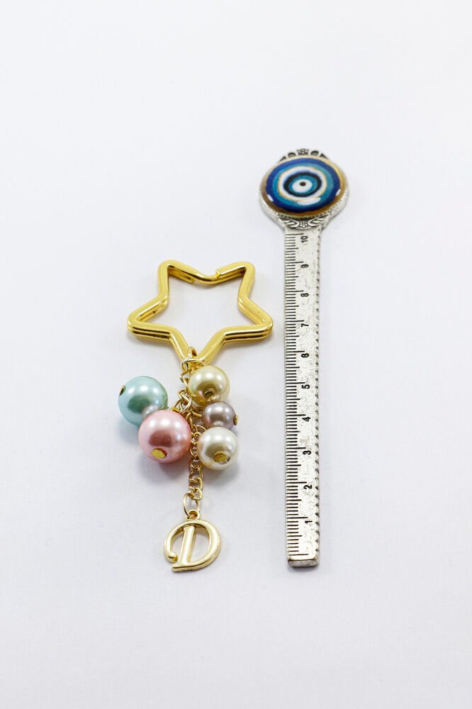 Renkli İncili D Harfi Yıldız Halkalı Anahtarlık, Küçük Hediyelik Çanta Süsü