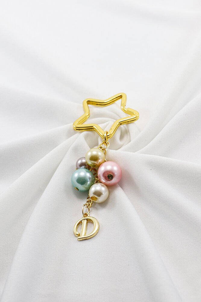 Renkli İncili D Harfi Yıldız Halkalı Anahtarlık, Küçük Hediyelik Çanta Süsü