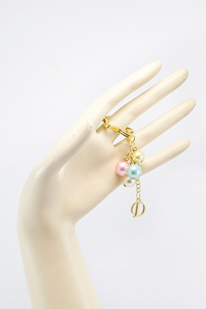 Renkli İncili D Harfi Yıldız Halkalı Anahtarlık, Küçük Hediyelik Çanta Süsü