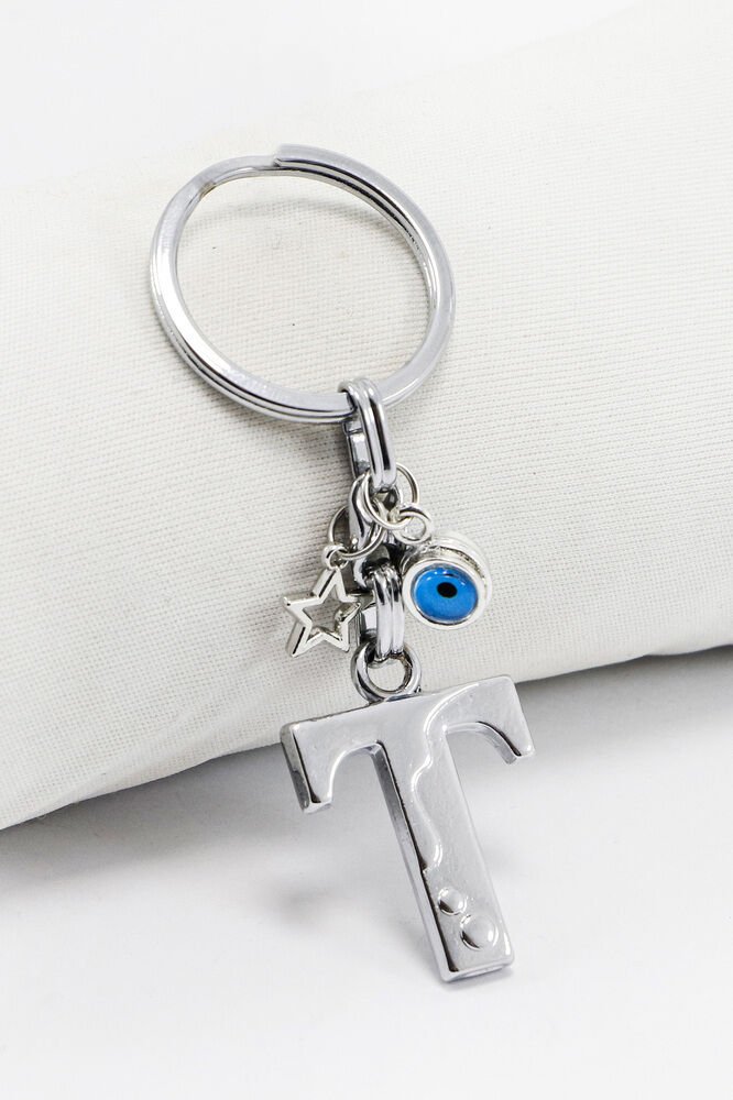 Çerçeveli Nazarlı Yıldızlı Gümüş Renkli Metal T Harfi Anahtarlık / Hediyelik Çanta Süsü