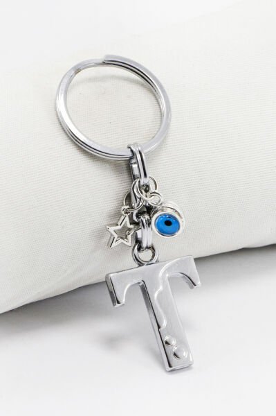 Çerçeveli Nazarlı Yıldızlı Gümüş Renkli Metal T Harfi Anahtarlık / Hediyelik Çanta Süsü