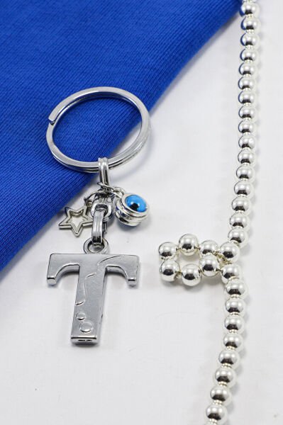 Çerçeveli Nazarlı Yıldızlı Gümüş Renkli Metal T Harfi Anahtarlık / Hediyelik Çanta Süsü