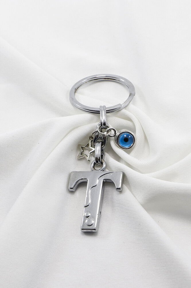 Çerçeveli Nazarlı Yıldızlı Gümüş Renkli Metal T Harfi Anahtarlık / Hediyelik Çanta Süsü