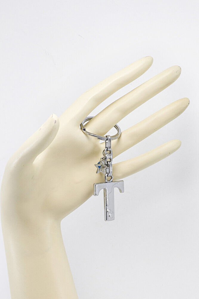 Çerçeveli Nazarlı Yıldızlı Gümüş Renkli Metal T Harfi Anahtarlık / Hediyelik Çanta Süsü