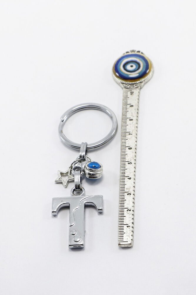 Çerçeveli Nazarlı Yıldızlı Gümüş Renkli Metal T Harfi Anahtarlık / Hediyelik Çanta Süsü