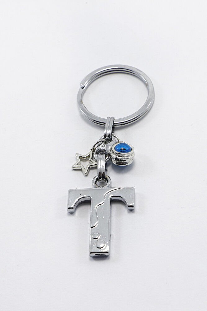 Çerçeveli Nazarlı Yıldızlı Gümüş Renkli Metal T Harfi Anahtarlık / Hediyelik Çanta Süsü