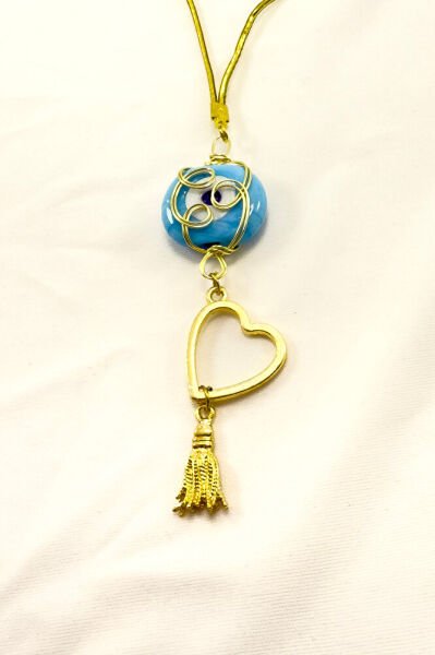 Mavi Sarma Dana Gözü Kalp Püsküllü Araba Dikiz Ayna Süsü