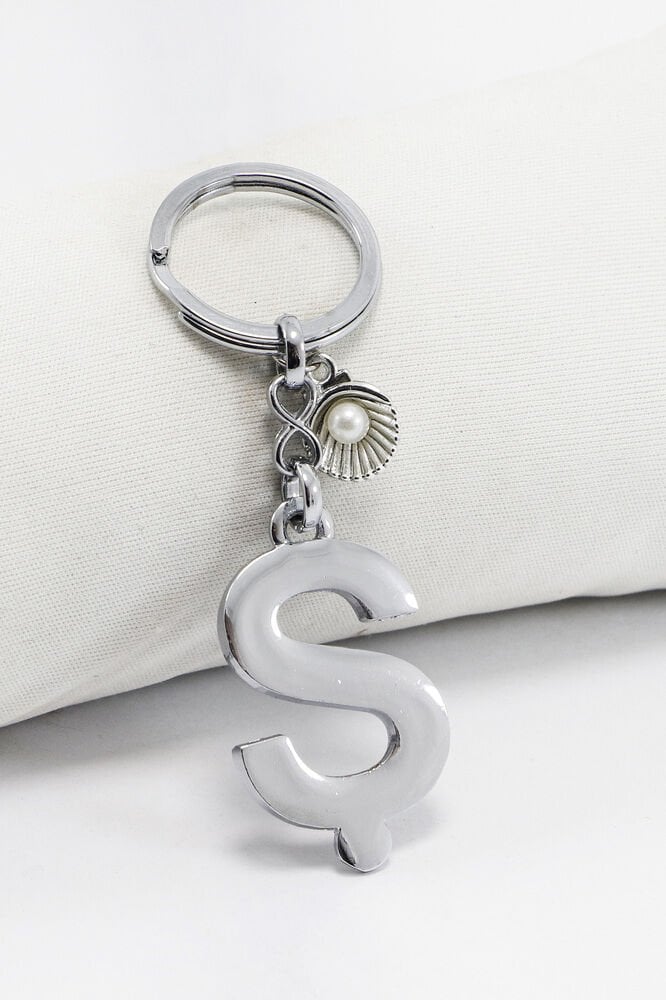 İncili Deniz Kabuklu Gümüş Renkli Metal Ş Harfi Anahtarlık / Hediyelik Çanta Süsü