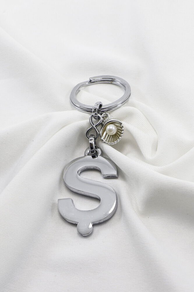 İncili Deniz Kabuklu Gümüş Renkli Metal Ş Harfi Anahtarlık / Hediyelik Çanta Süsü