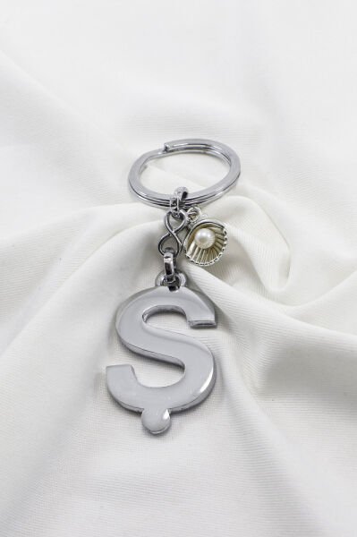 İncili Deniz Kabuklu Gümüş Renkli Metal Ş Harfi Anahtarlık / Hediyelik Çanta Süsü