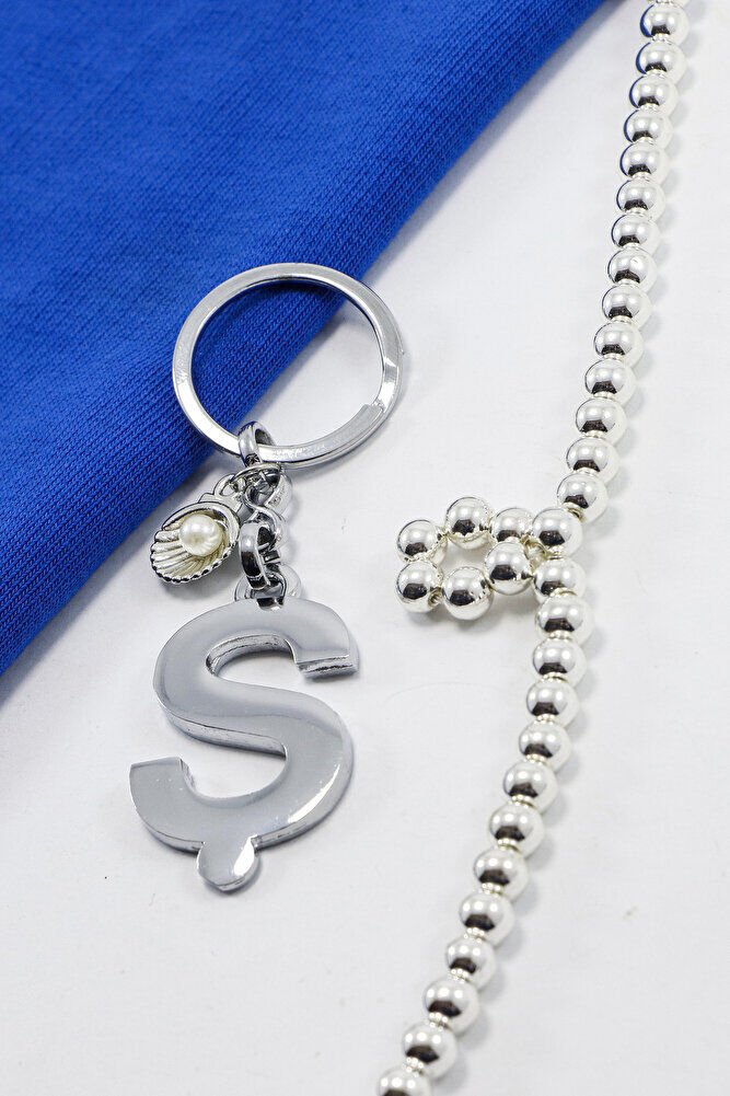 İncili Deniz Kabuklu Gümüş Renkli Metal Ş Harfi Anahtarlık / Hediyelik Çanta Süsü