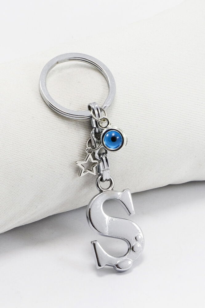 Yıldızlı Çerçeveli Nazar Boncuklu Gümüş Renkli Metal Ş Harfi Anahtarlık / Hediyelik Çanta Süsü
