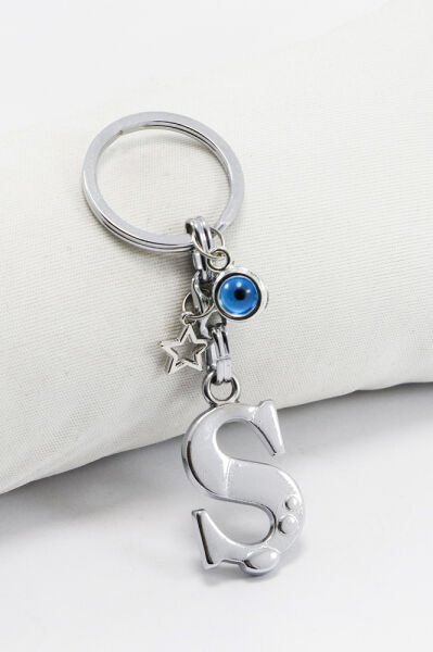 Yıldızlı Çerçeveli Nazar Boncuklu Gümüş Renkli Metal Ş Harfi Anahtarlık / Hediyelik Çanta Süsü