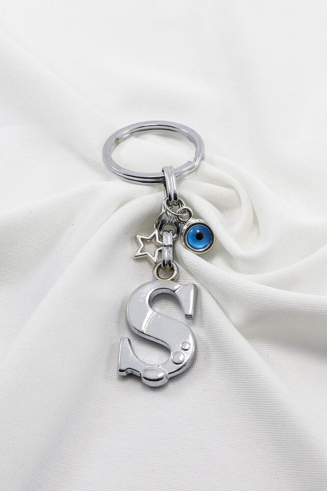Yıldızlı Çerçeveli Nazar Boncuklu Gümüş Renkli Metal Ş Harfi Anahtarlık / Hediyelik Çanta Süsü