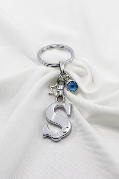 Yıldızlı Çerçeveli Nazar Boncuklu Gümüş Renkli Metal Ş Harfi Anahtarlık / Hediyelik Çanta Süsü
