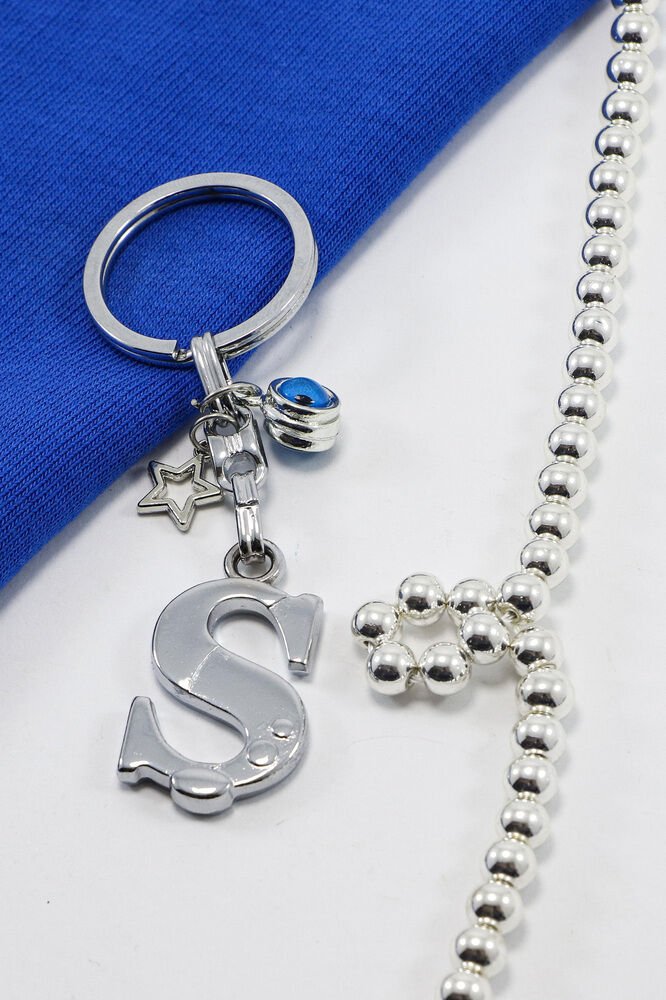 Yıldızlı Çerçeveli Nazar Boncuklu Gümüş Renkli Metal Ş Harfi Anahtarlık / Hediyelik Çanta Süsü
