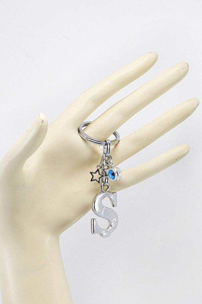 Yıldızlı Çerçeveli Nazar Boncuklu Gümüş Renkli Metal Ş Harfi Anahtarlık / Hediyelik Çanta Süsü