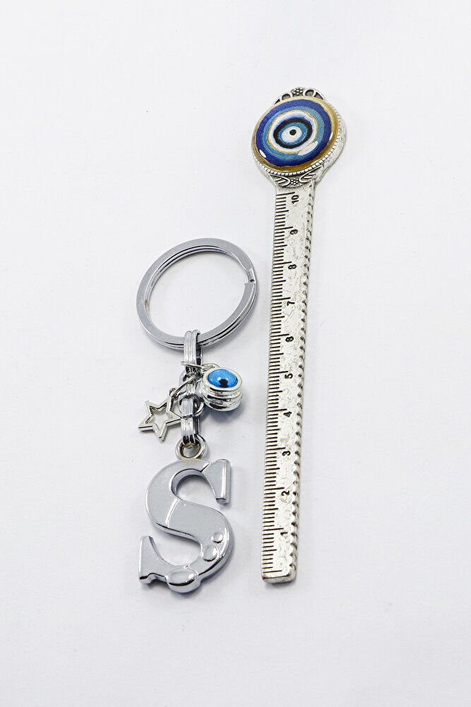 Yıldızlı Çerçeveli Nazar Boncuklu Gümüş Renkli Metal Ş Harfi Anahtarlık / Hediyelik Çanta Süsü