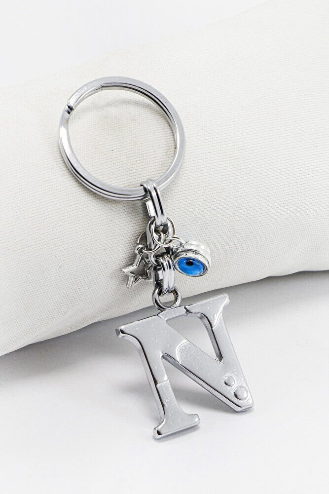 Yıldızlı Çerçeveli Nazar Boncuklu Gümüş Renkli Metal N Harfi Anahtarlık / Hediyelik Çanta Süsü