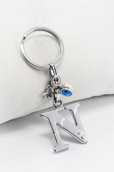 Yıldızlı Çerçeveli Nazar Boncuklu Gümüş Renkli Metal N Harfi Anahtarlık / Hediyelik Çanta Süsü