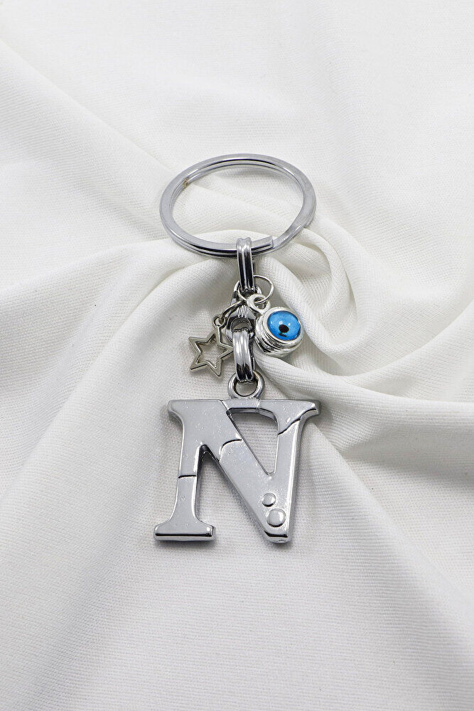 Yıldızlı Çerçeveli Nazar Boncuklu Gümüş Renkli Metal N Harfi Anahtarlık / Hediyelik Çanta Süsü