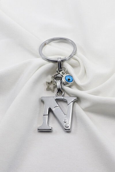 Yıldızlı Çerçeveli Nazar Boncuklu Gümüş Renkli Metal N Harfi Anahtarlık / Hediyelik Çanta Süsü
