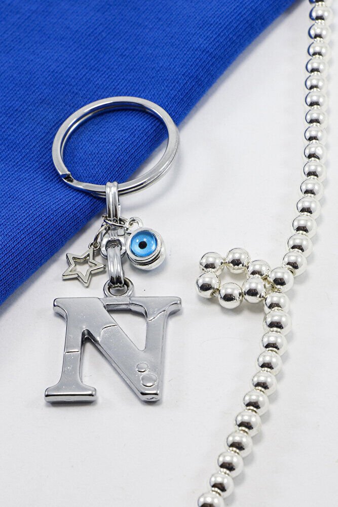 Yıldızlı Çerçeveli Nazar Boncuklu Gümüş Renkli Metal N Harfi Anahtarlık / Hediyelik Çanta Süsü