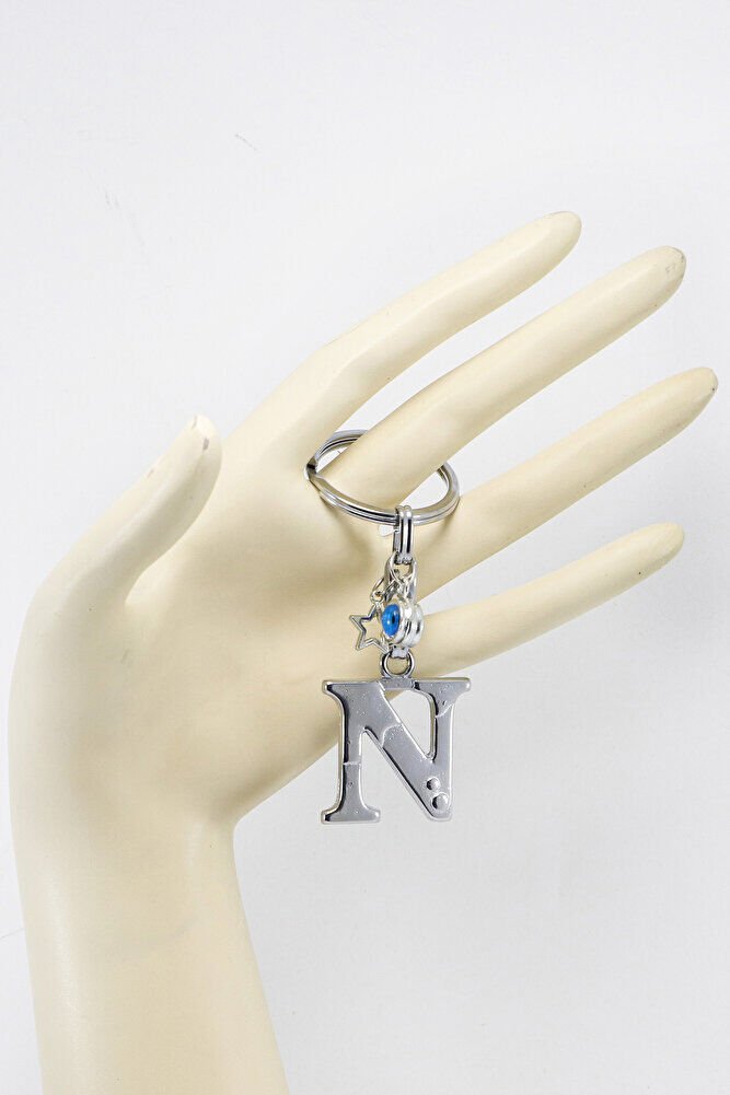 Yıldızlı Çerçeveli Nazar Boncuklu Gümüş Renkli Metal N Harfi Anahtarlık / Hediyelik Çanta Süsü