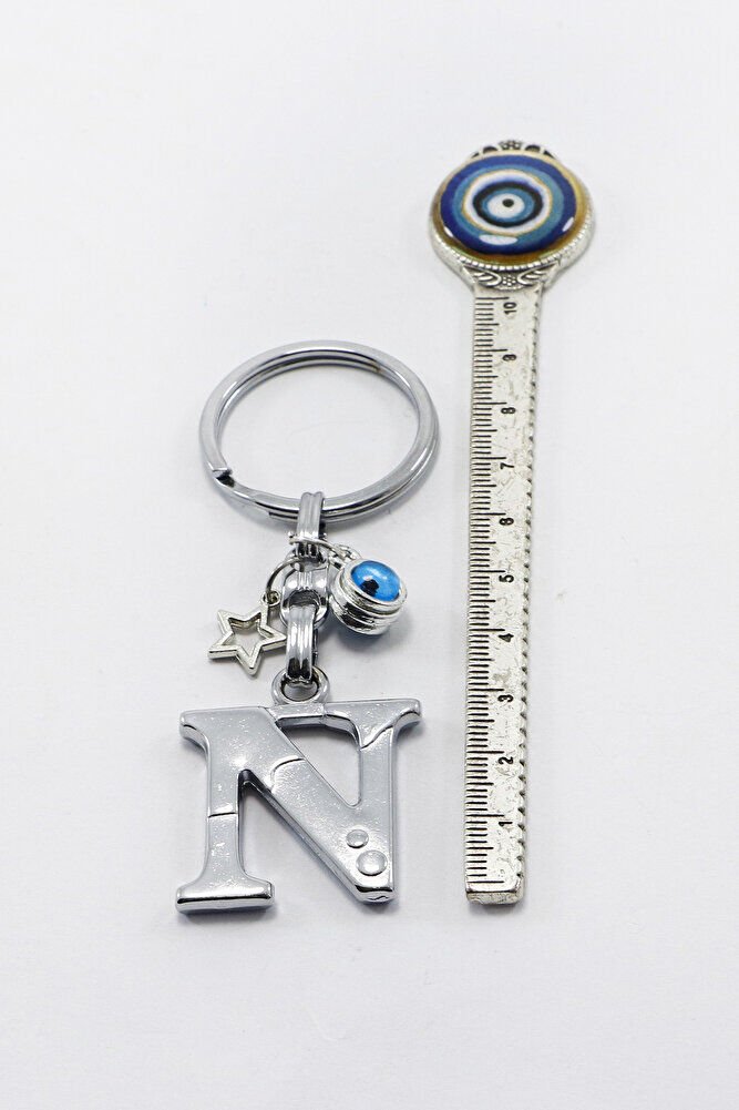 Yıldızlı Çerçeveli Nazar Boncuklu Gümüş Renkli Metal N Harfi Anahtarlık / Hediyelik Çanta Süsü