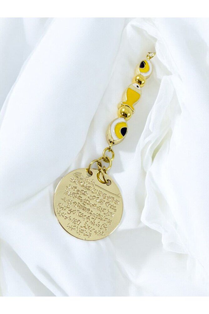 Sarı Balık Nazar Metal Ayetel Kürsi Araba Dikiz Ayna Süsü, Gold Renkli