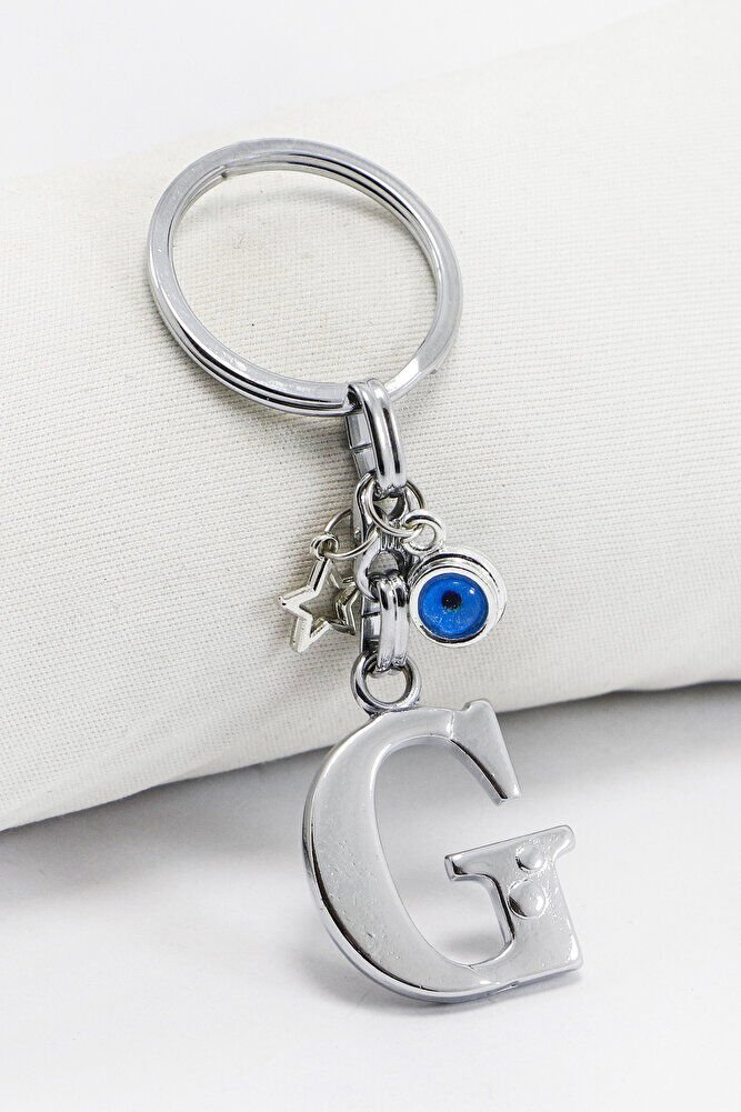 Yıldızlı Çerçeveli Nazar Boncuklu Gümüş Renkli Metal G Harfi Anahtarlık / Hediyelik Çanta Süsü