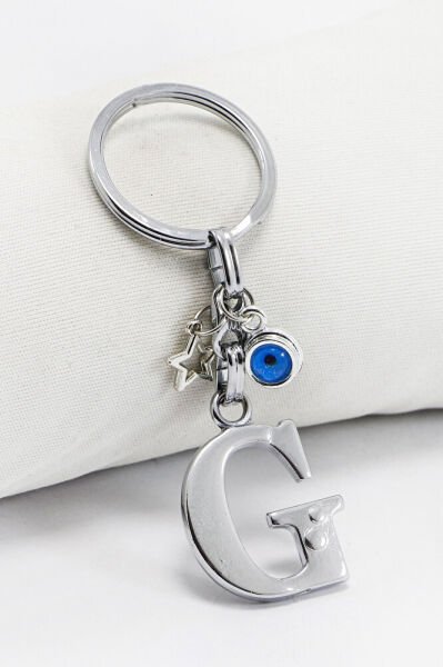 Yıldızlı Çerçeveli Nazar Boncuklu Gümüş Renkli Metal G Harfi Anahtarlık / Hediyelik Çanta Süsü