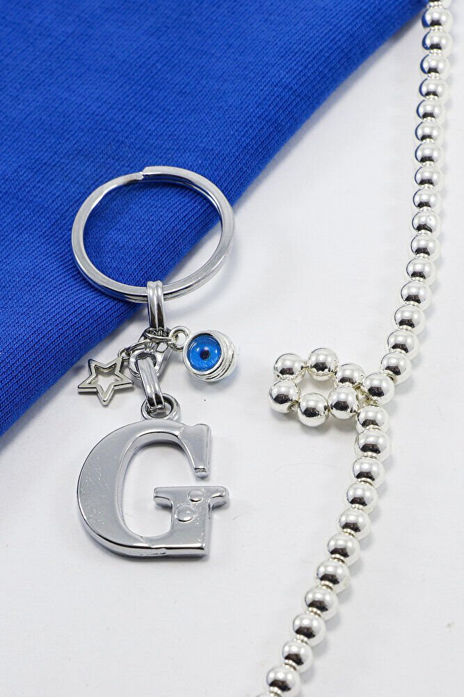 Yıldızlı Çerçeveli Nazar Boncuklu Gümüş Renkli Metal G Harfi Anahtarlık / Hediyelik Çanta Süsü