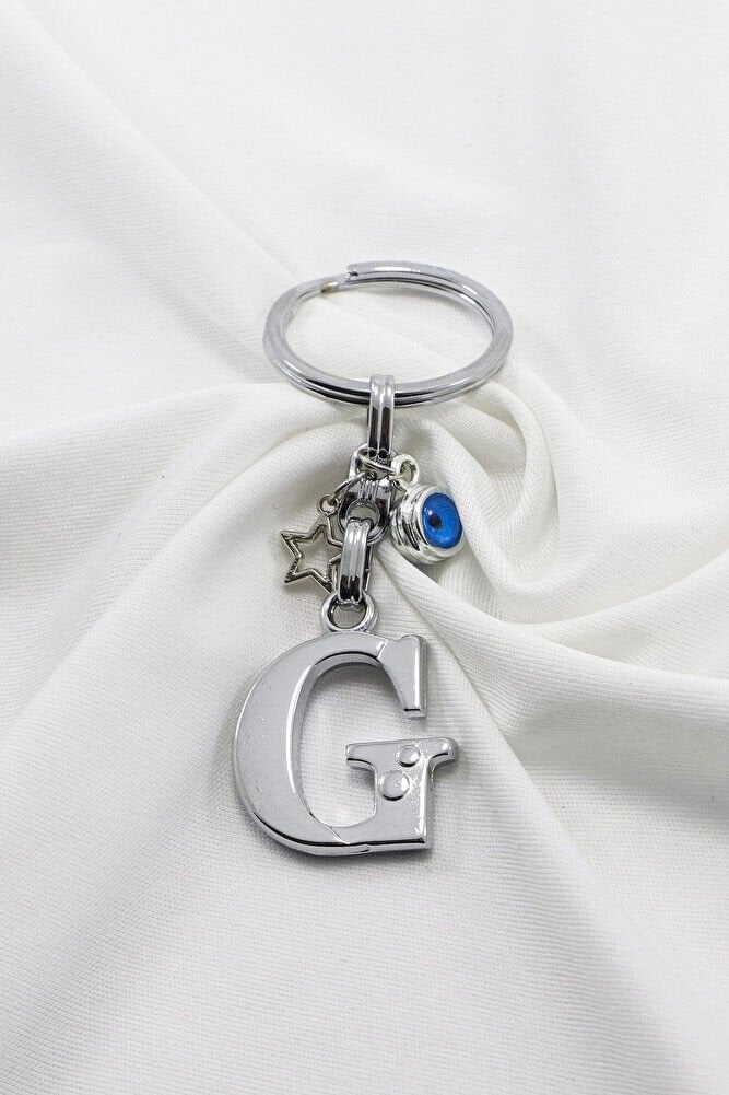 Yıldızlı Çerçeveli Nazar Boncuklu Gümüş Renkli Metal G Harfi Anahtarlık / Hediyelik Çanta Süsü
